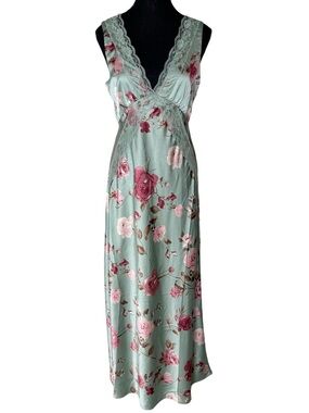THIRTY THIRTY LA New Floral Satin Maxi Dress Sage Green Roses Lace Large *Flaw